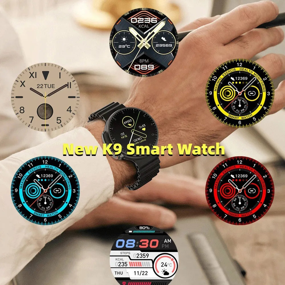 K9 smart watch with circular screen showing health metrics and payment functions on silicone strap