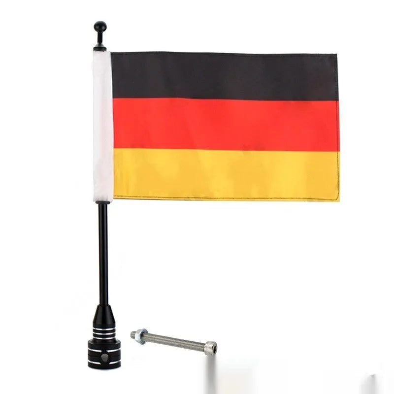 Side box bumper flagpole for motorbike luggage racks in black aluminium and silver steel options