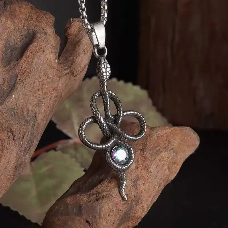Vintage snakelike winding alloy pendant necklace with inlaid jewel on a pearl chain, 51-60cm perimeter