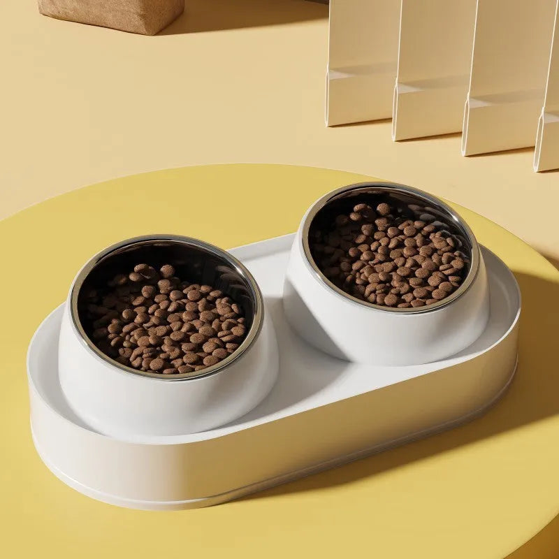 White elevated pet feeder with two tilted bowls on a wide base, for cats and small dogs.