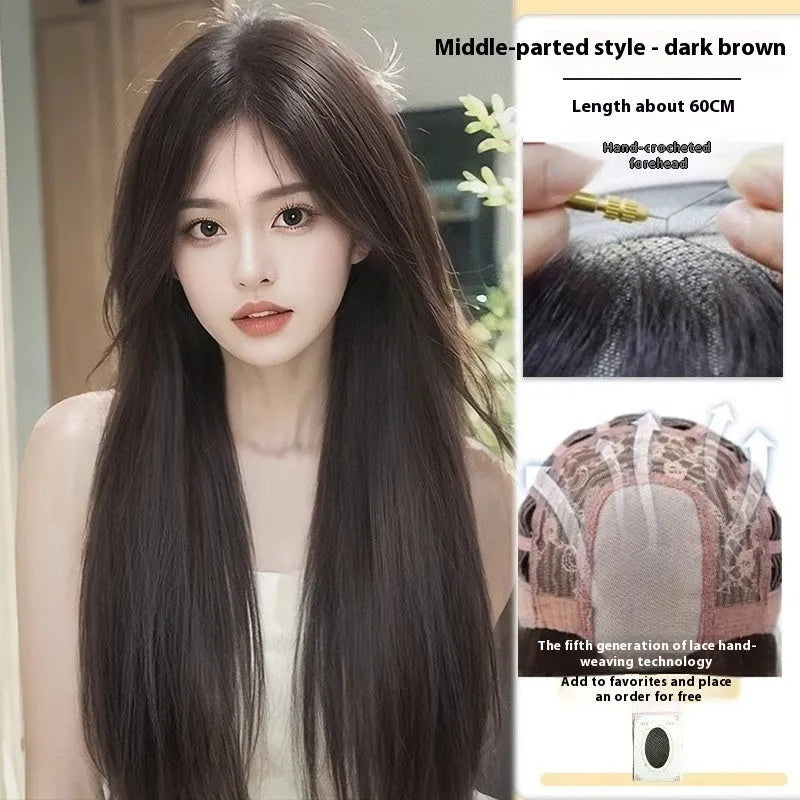 Forehead lace long straight wig with side bangs in high temperature fibre material