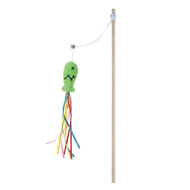 Interactive cat wand toy with colourful ribbons, bell, and catnip fish on a wooden handle.