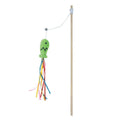 Interactive cat wand toy with colourful ribbons, bell, and catnip fish on a wooden handle.