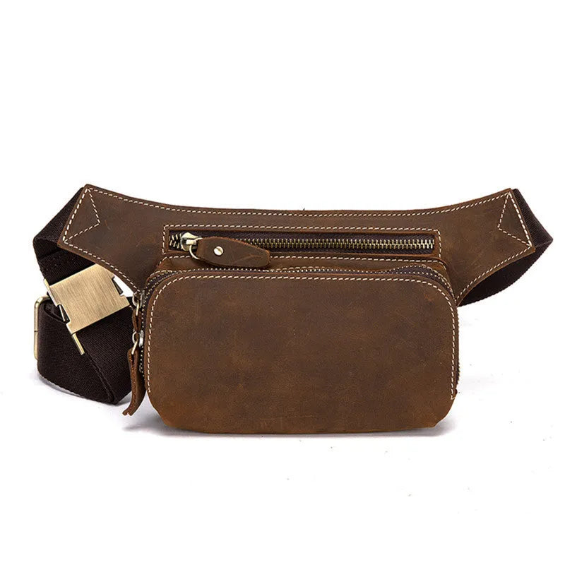 Brown top layer cowhide men's waist bag with pull cord closure, shown with phone compartment open.