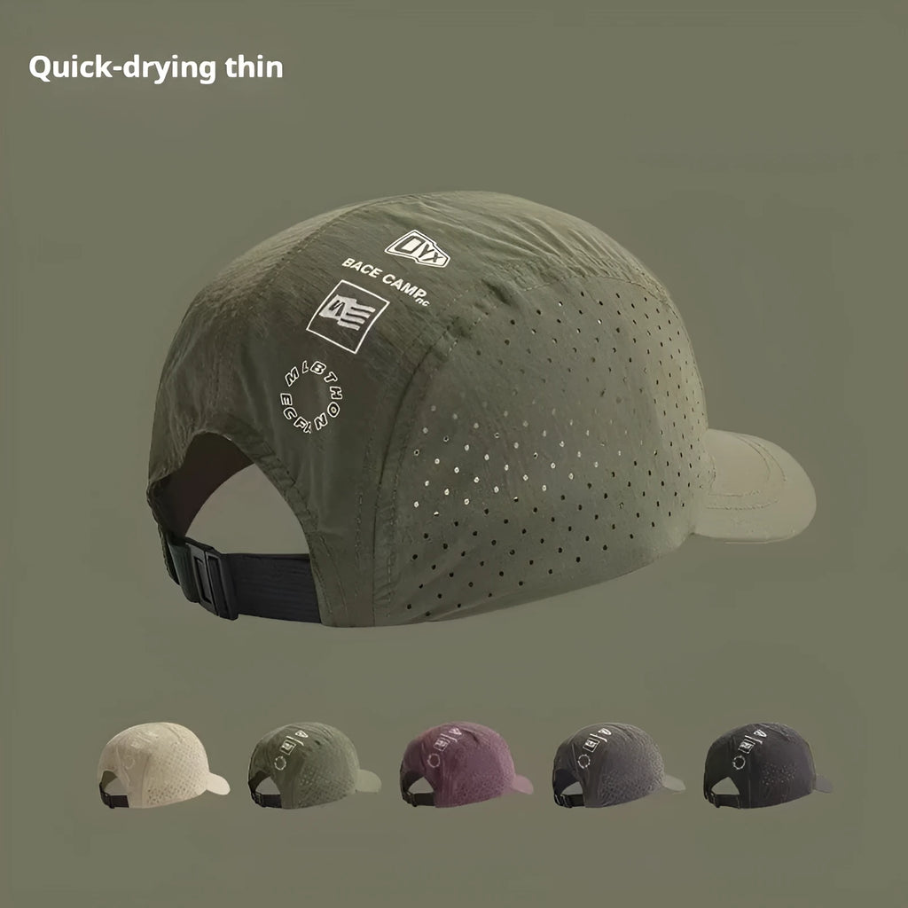 Men's adjustable baseball cap with mesh design in purple, showing dome crown and adjustable strap