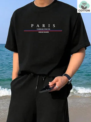 Men's short-sleeved pure cotton T-shirt with a printed letter design in a loose fit.