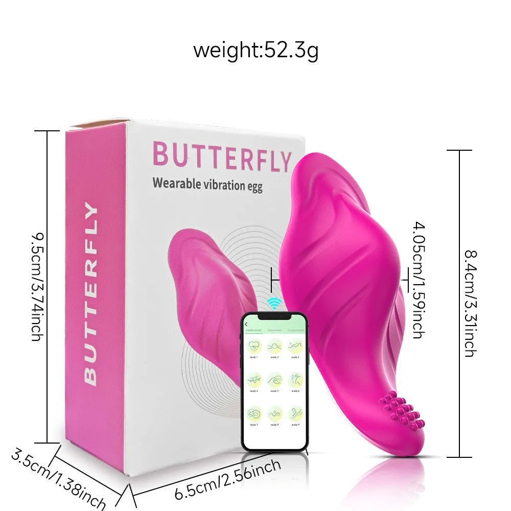 Rose red silicone wearable butterfly vibrator with remote smartphone app control.