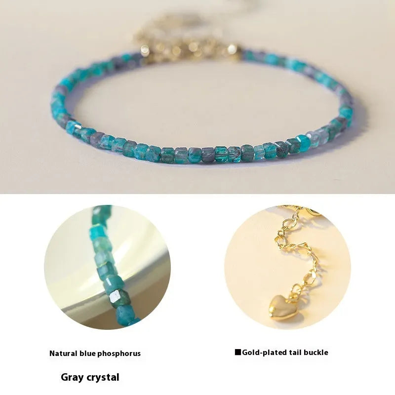 Women's blue apatite crystal bracelet with diamond-shaped beads on an elasticated band.