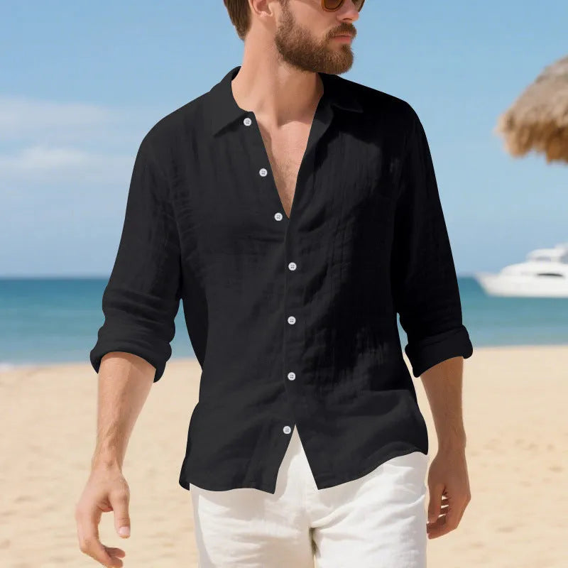 Man wearing a relaxed-fit light blue linen casual shirt with a non-iron finish