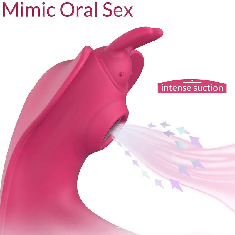 Remote control wearable butterfly dildo in red silicone with remote and USB cable, on plain background
