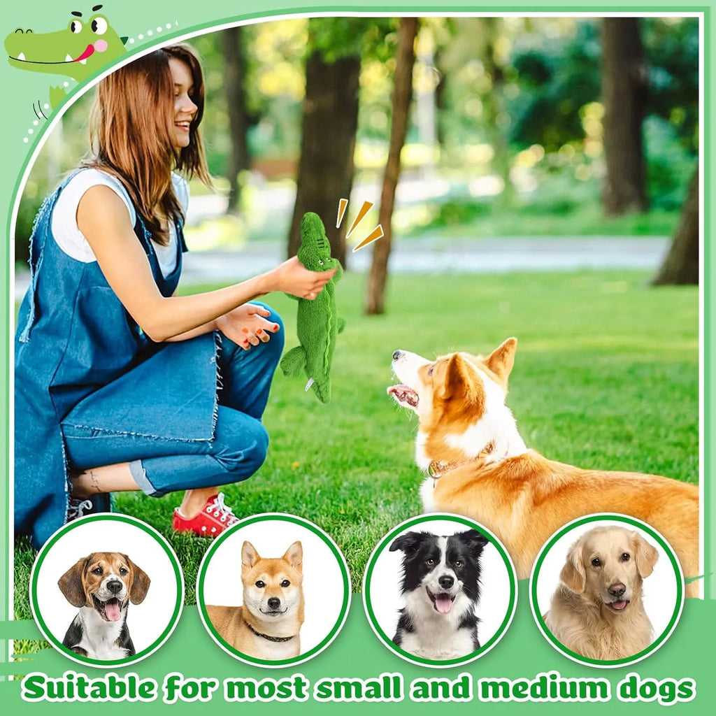 Green crocodile-shaped plush dog toy with a squeaker in the head and crinkle paper in the tail.