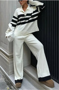 Women's black and white striped knitted polo collar two-piece set with long sleeves and trousers