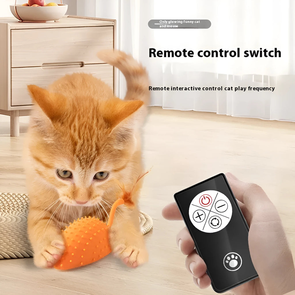 Remote control smart charging silicone mouse cat toy with feather attachment in cyan colour