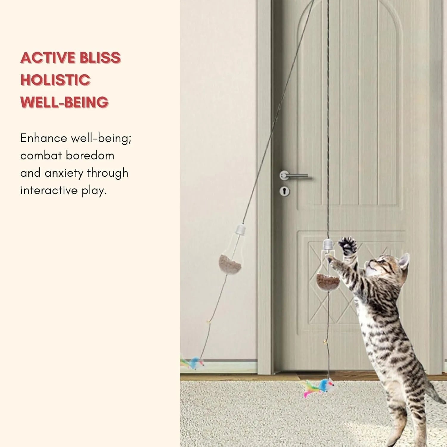 Interactive cat toy hanging from door frame with treat bulb and dangling mouse