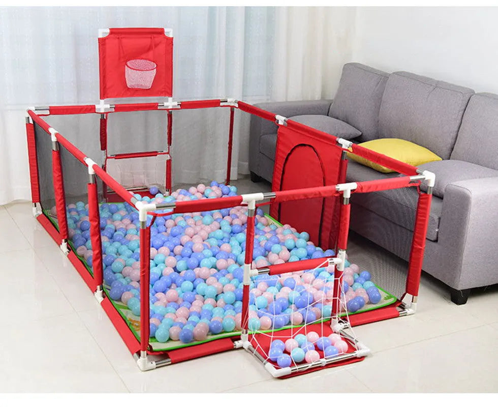 Large blue children's playpen tent with Oxford cloth walls and stainless steel frame in a nursery.