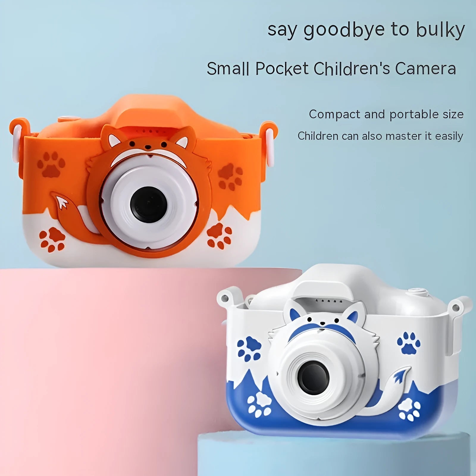 HD children's digital camera in blue or orange with photo sticker and filter functions