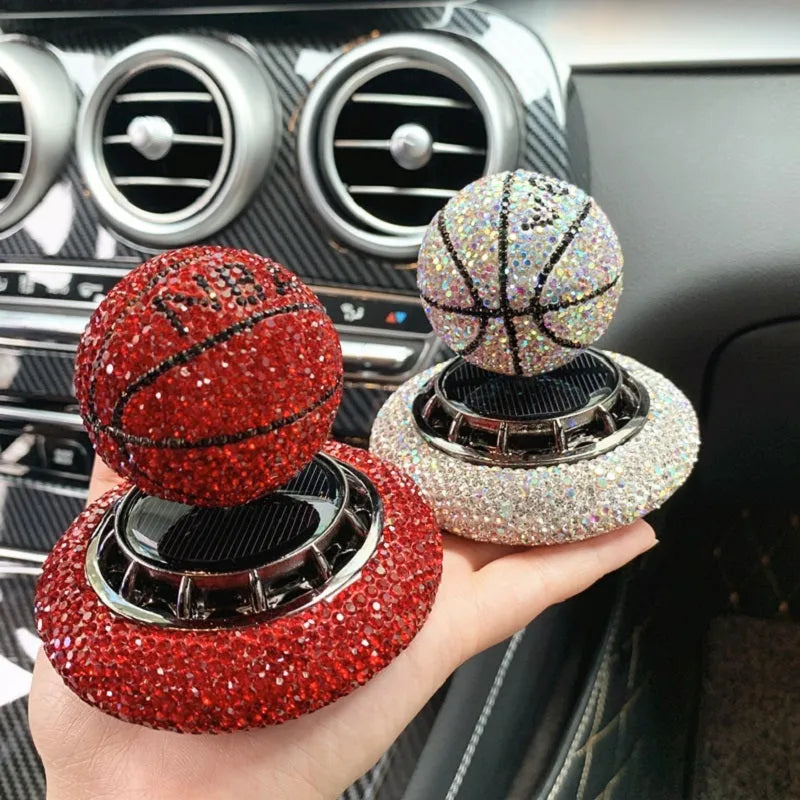 Solar car perfume ornament with rotating rhinestone basketball design, metal and ABS base, 8cm, red white blue options