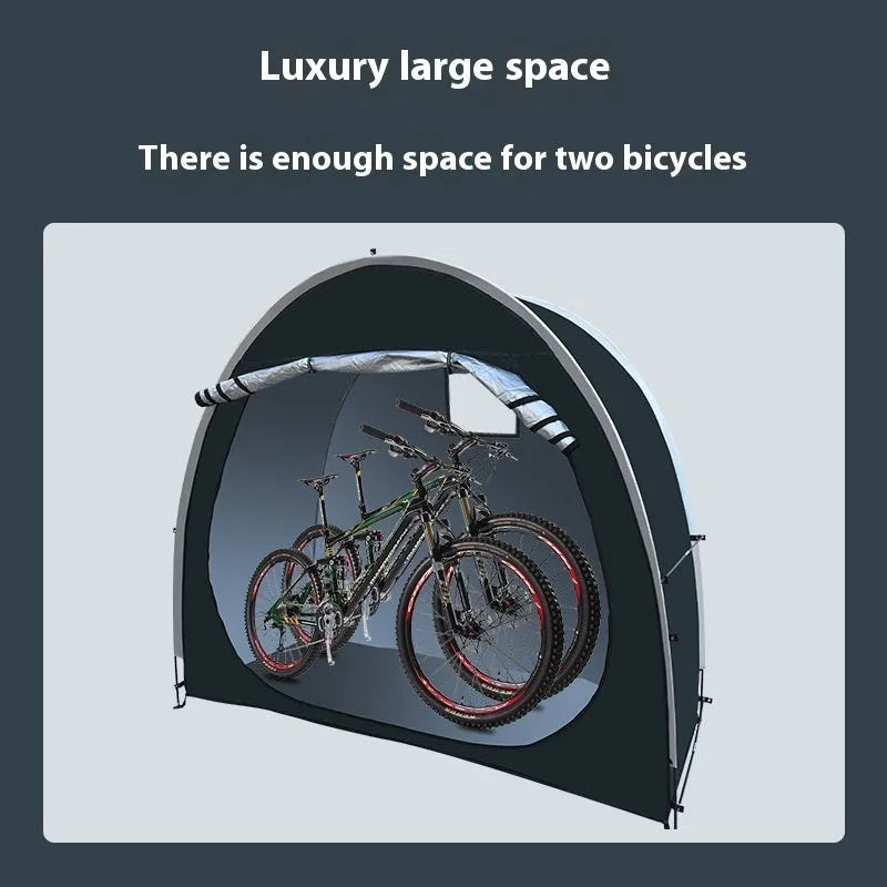 Black outdoor bicycle storage tent providing covered parking for 2-3 bicycles with dimensions 185cm x 65cm x 165cm