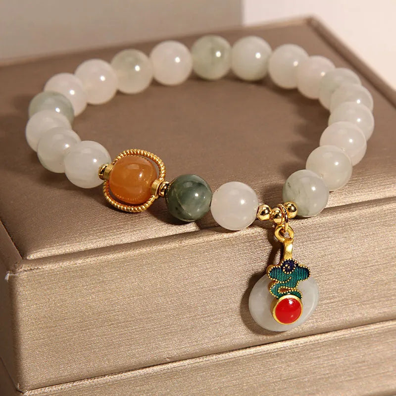 Women's ice jade crystal bracelet with xiangyun peace jade buckle and pearl accents
