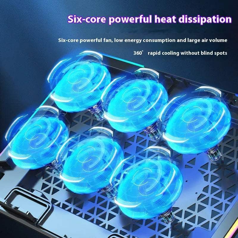 Core Ice laptop radiator air cooling base bracket with RGB light and phone stand, black colourful version, 360x255x27mm