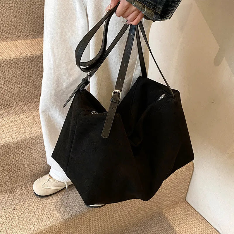Women's large capacity suede-look PU pillow shoulder bag with outer slit pocket in black, brown, coffee, or khaki