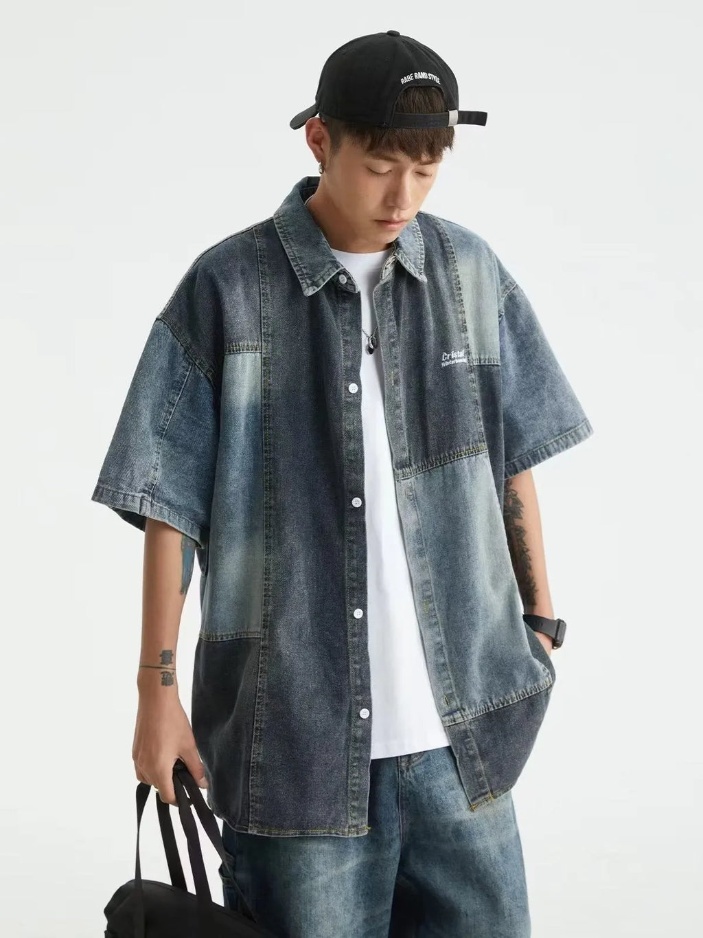 Blue men's Japanese-style retro denim shirt with washed stitching detail and loose cardigan fit