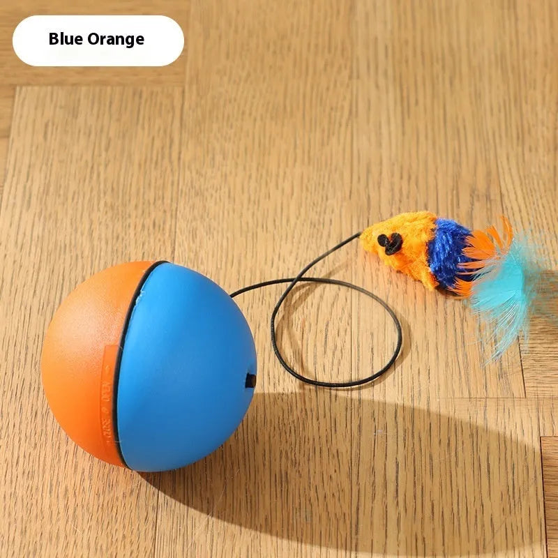 Blue orange automatic cat teasing ball with plush mouse attachment rolling on floor