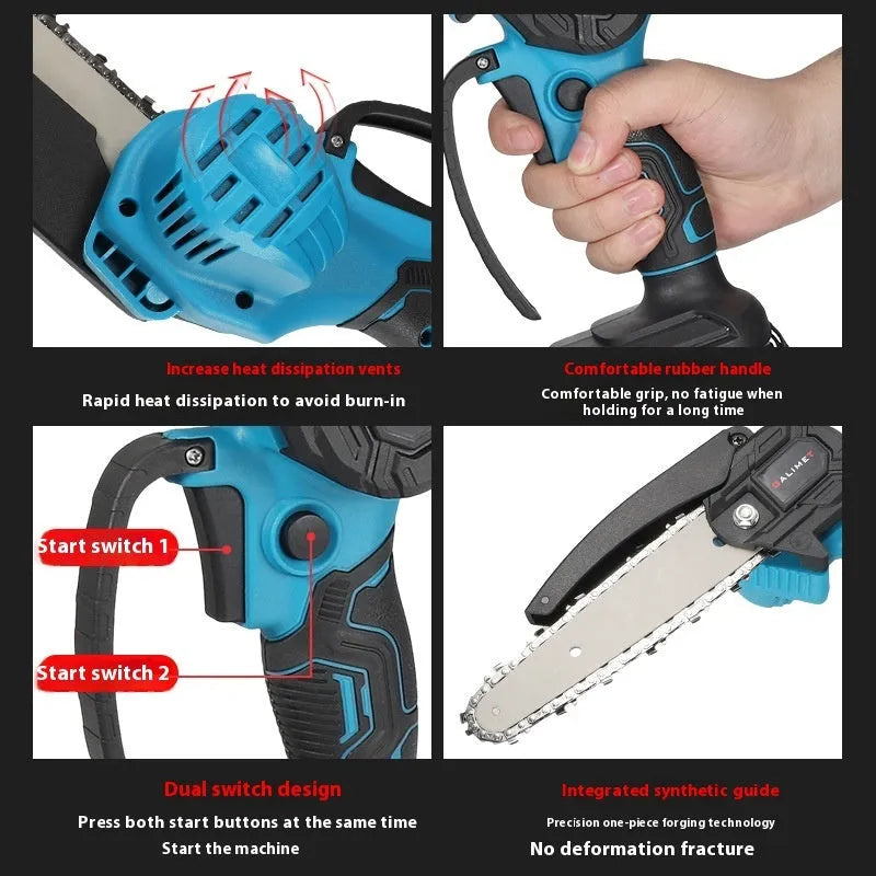 6-inch rechargeable electric chainsaw with dual battery and plastic box, 600W portable cordless saw