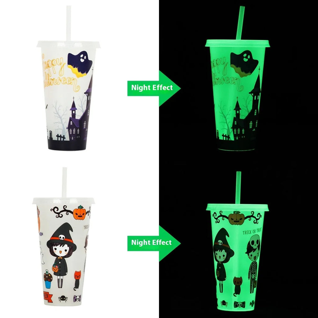 720ml plastic Halloween luminous straw cup in one of six colours, showing cylindrical shape and dimensions.