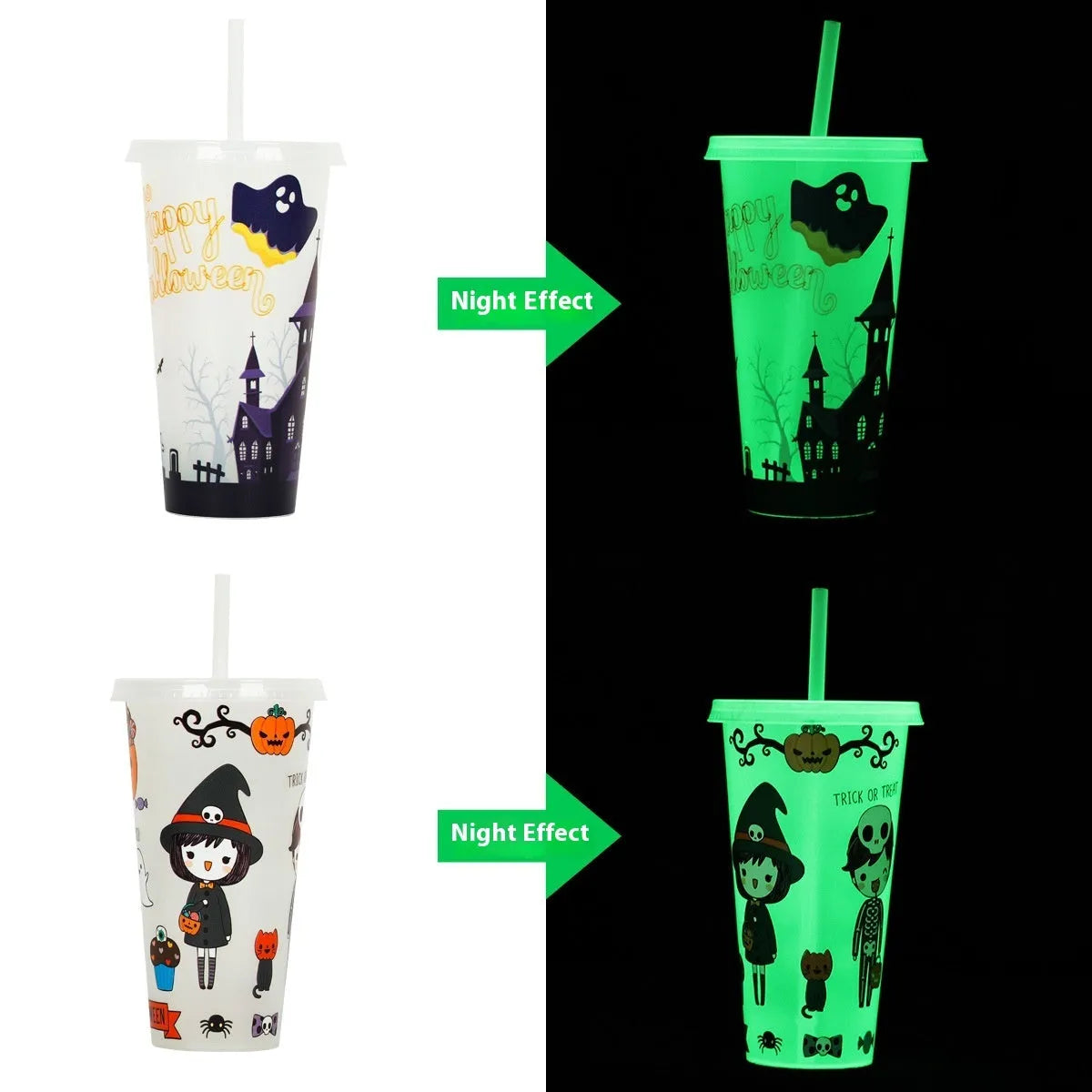 720ml plastic Halloween luminous straw cup in one of six colours, showing cylindrical shape and dimensions.