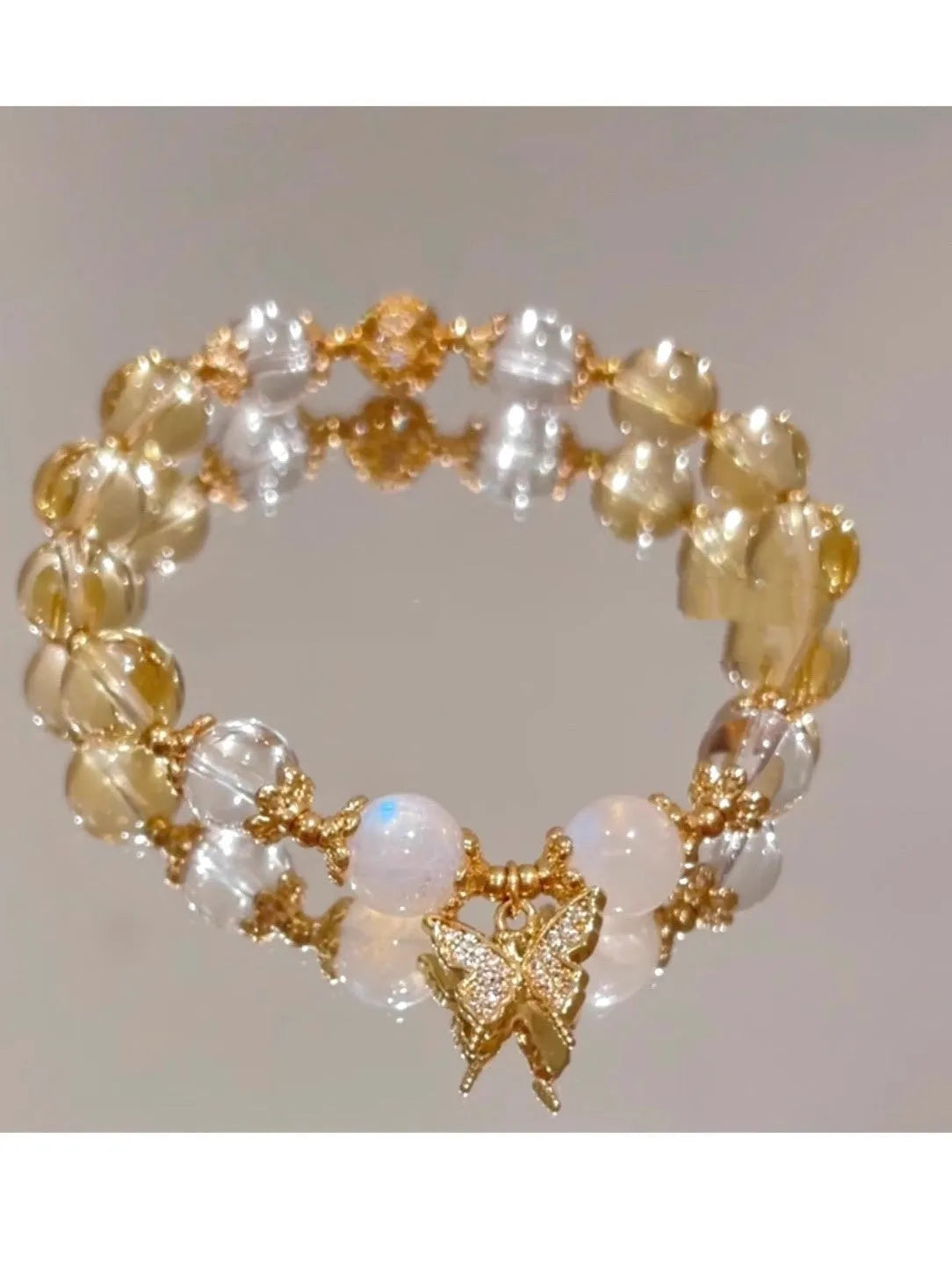 Chinese-style women's crystal bracelet with citrine butterfly and moonstone white beads