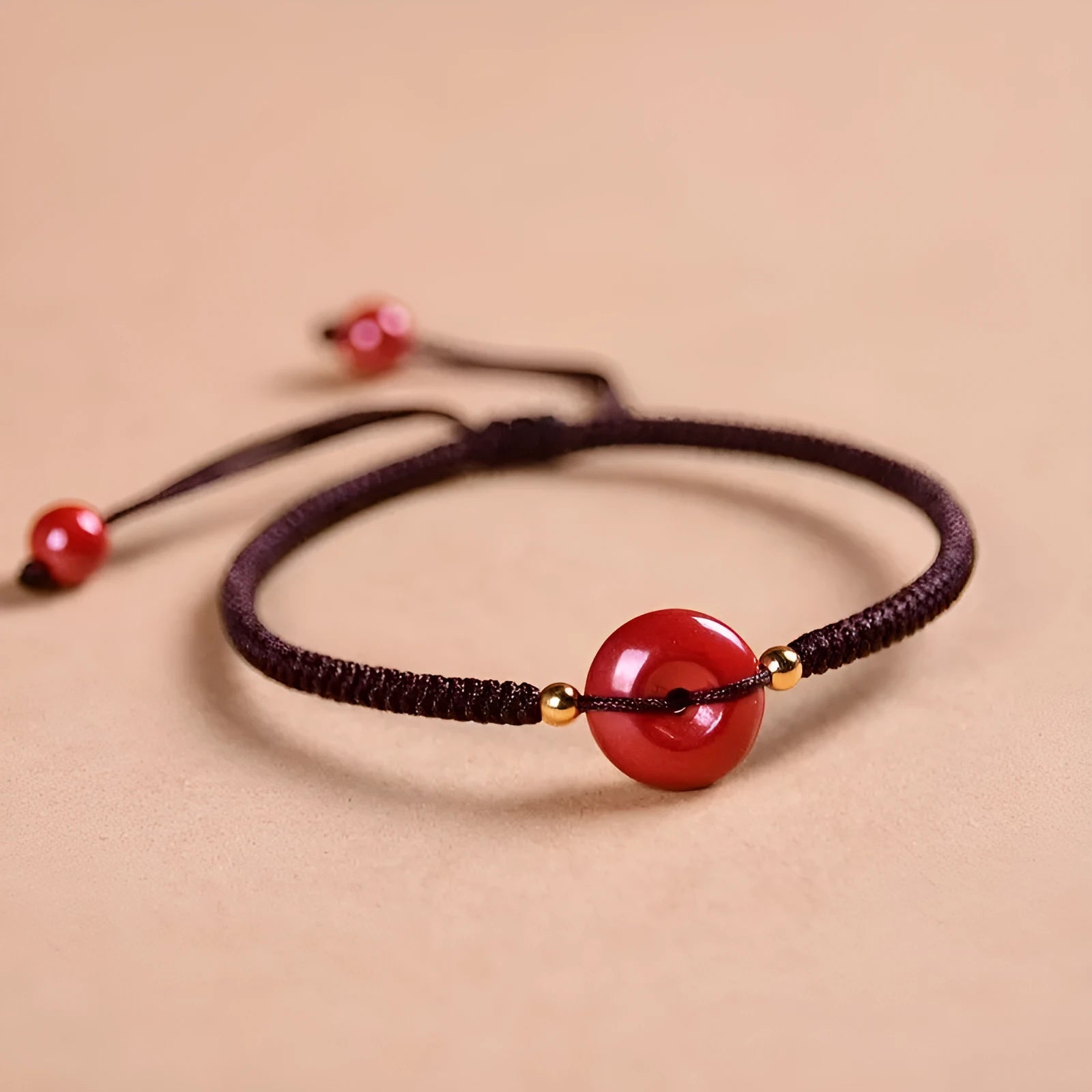 Cinnabar heart charm bracelet with adjustable red rope and traditional safety buckle in multiple colour options
