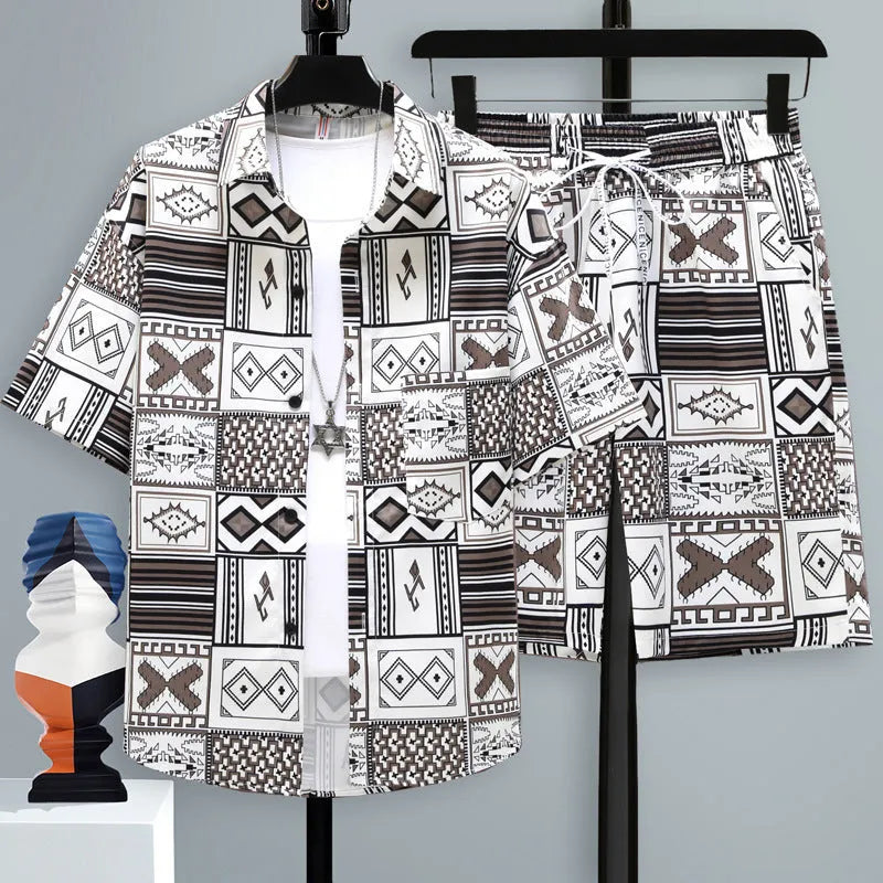 Men's casual sports shorts two-piece set in polyester, showing short sleeve top and matching shorts.