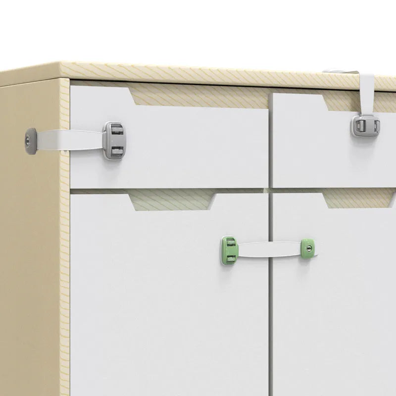 Grey and green adjustable child safety cabinet locks with adhesive backing