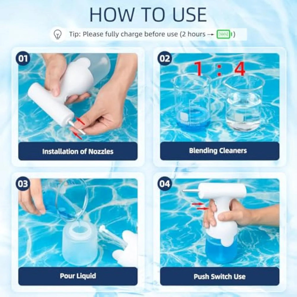 White electric foam soap dispenser with two nozzles and USB cable for pet and home cleaning.