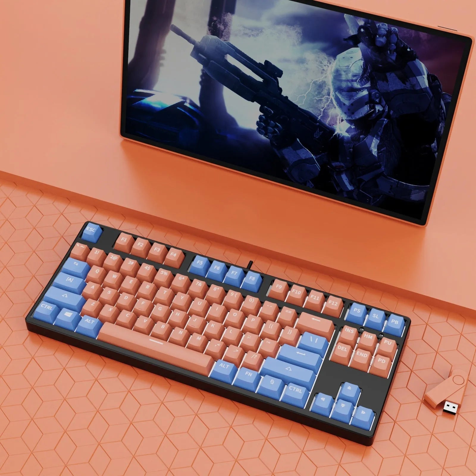 87-key wired mechanical keyboard with two-tone keycaps, shown with switch puller and cleaning brush