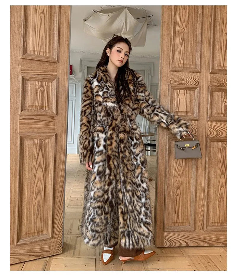 Street fashion faux fur coat with fur collar in mid-length style showing pocket detail