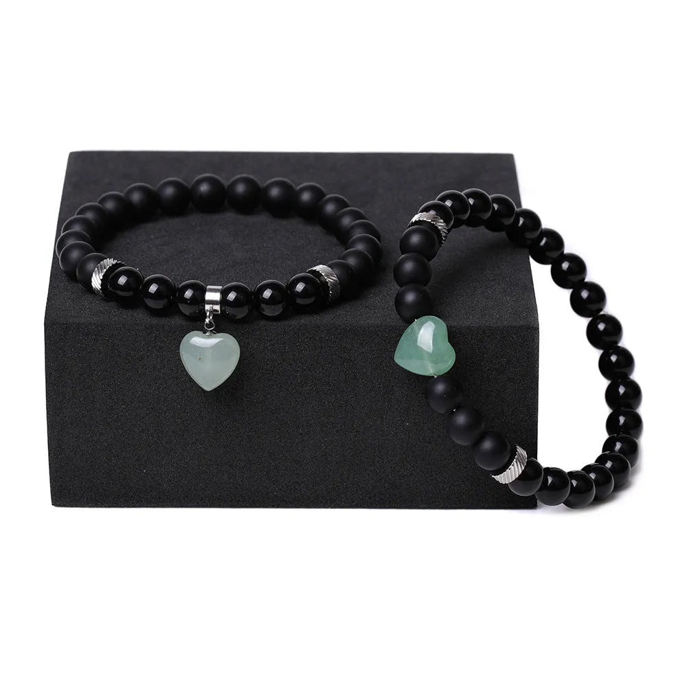 Natural stone couple love bracelet set with heart-shaped gemstone charms in various colours
