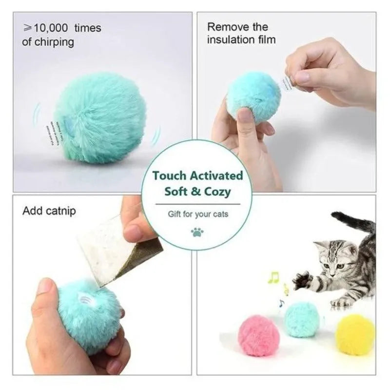 Interactive cat toy ball in blue, pink, or yellow with 55mm diameter and animal sound activation