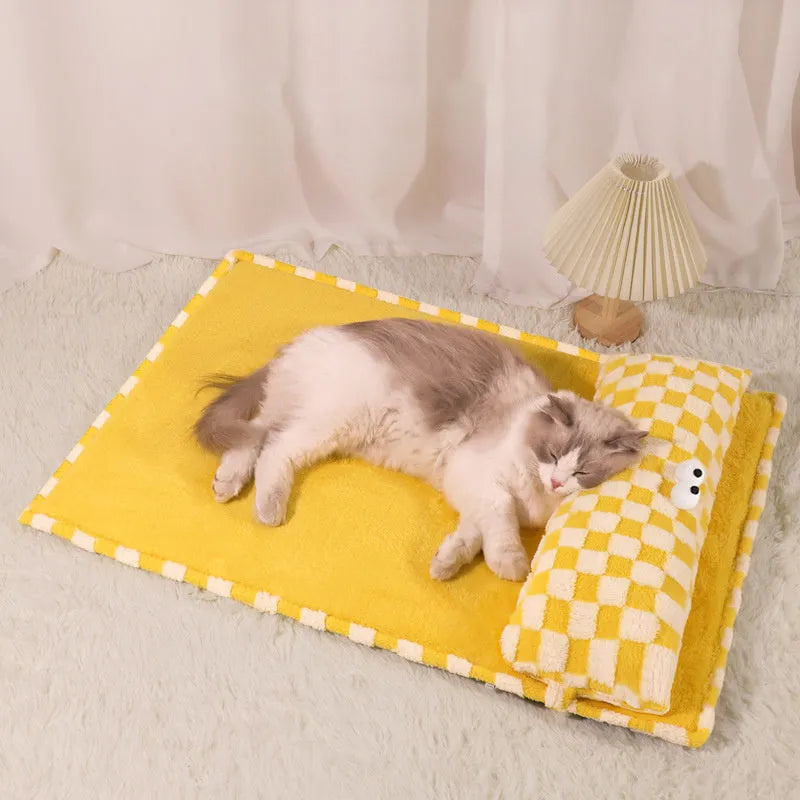 Four-season pet nest cushion in grey or yellow available in four sizes with measured dimensions and weight recommendations