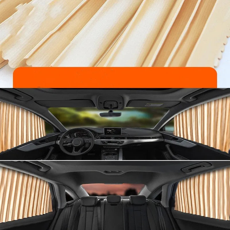Auto retractable car sunshade curtain in thick opaque cloth with roller shutter mechanism