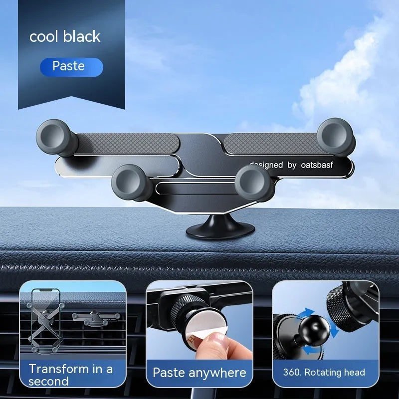 Invisible alloy on-board car phone bracket showing knob air outlet and paste mounting versions in black colour