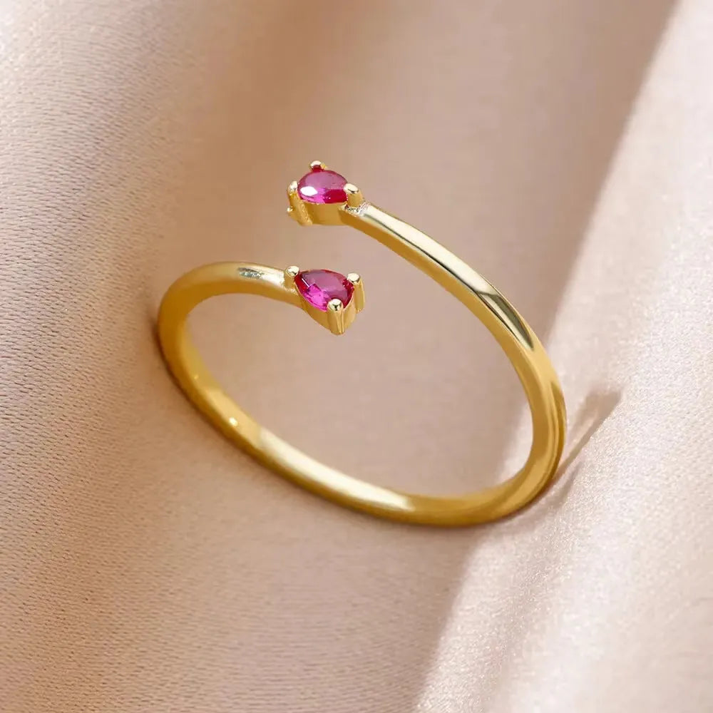 Adjustable 18K gold plated love emerald ring with synthetic zircon for women, open mouth copper design