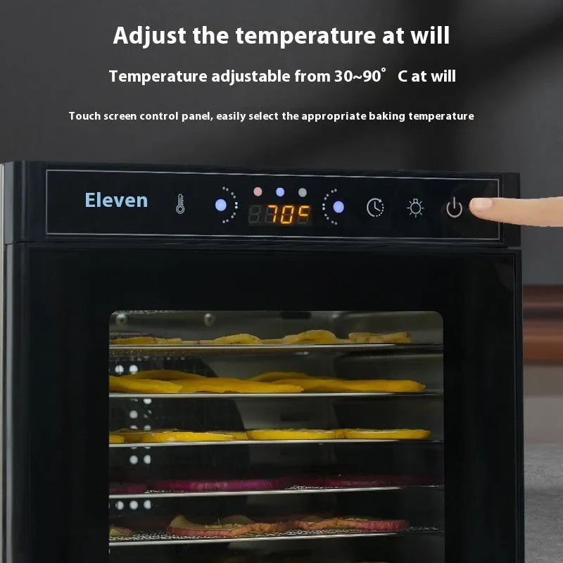 Stainless steel food dehydrator with visual skylight window, LED panel, and multiple drying trays