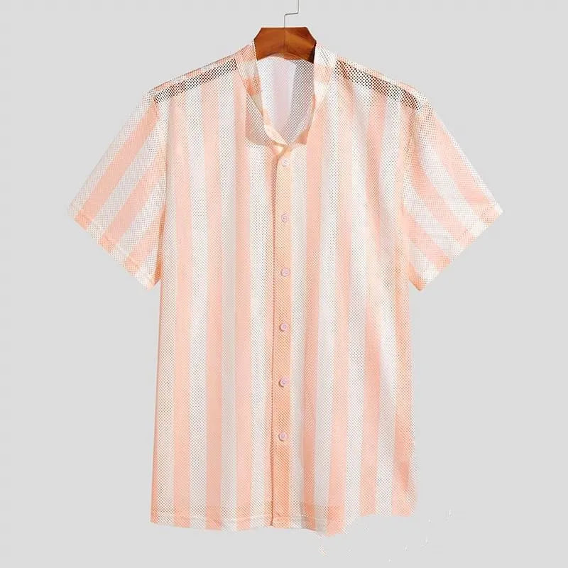 Men's pink short-sleeve cardigan with a loose hole waffle knit texture for summer.