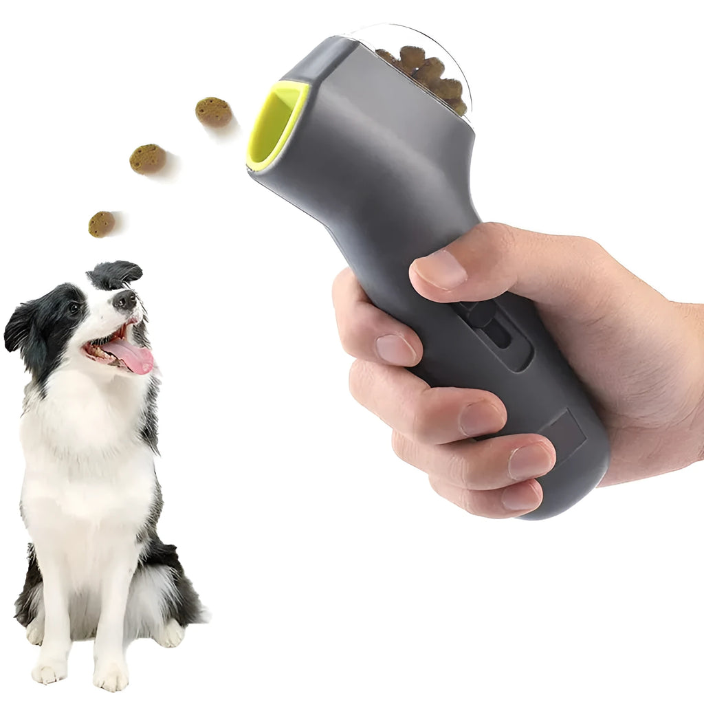 Grey pet snack launcher toy measuring 18cm with spring trigger for dog and cat training