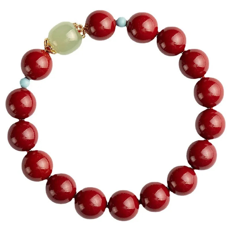 Purple gold sand cinnabar and Hetian jade bead bracelet in geometric ellipse shape.