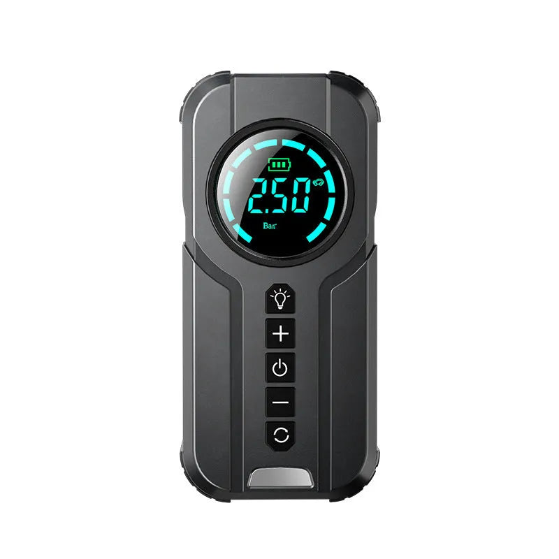 Black portable air pump with a digital display, power cord, and accessory nozzles for inflating car and bike tyres.