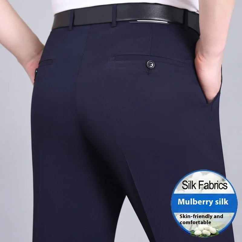 Men's straight-cut business trousers in dark blue with high waist and non-ironing construction