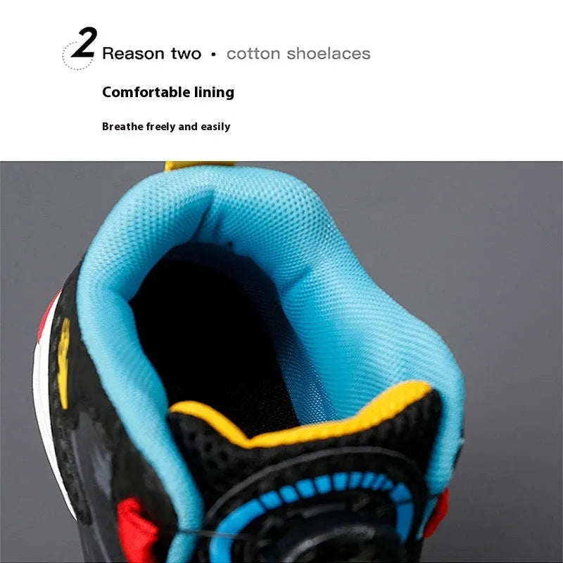 Children's black running shoes with a rotating button closure and cushion basketball design on a white background.